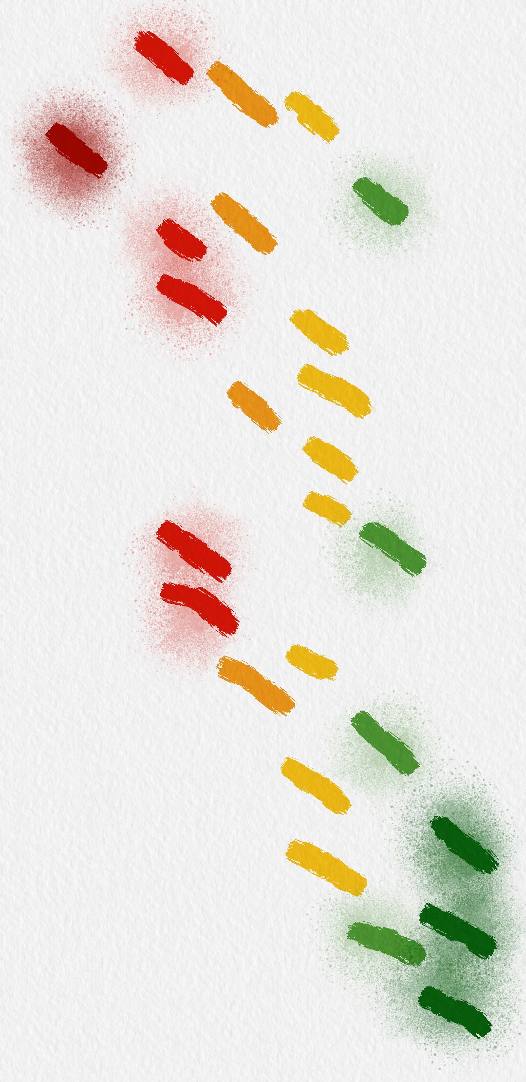 An art piece which comprises of 6 different colours of dashes on a white background. It shows a trend from red to orange to green