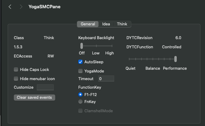 Screenshot of YogaSMC Preference Pane for DYTC and other functions
