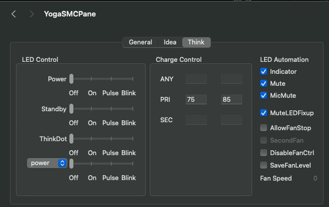 Screenshot of YogaSMC Preference Pane for LED control, charge control and other functions