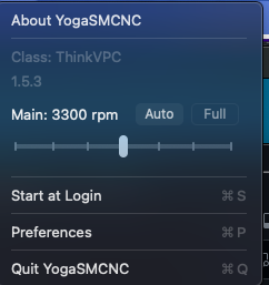 Screenshot of YogaSMC Toolbar panel fan speed adjustments