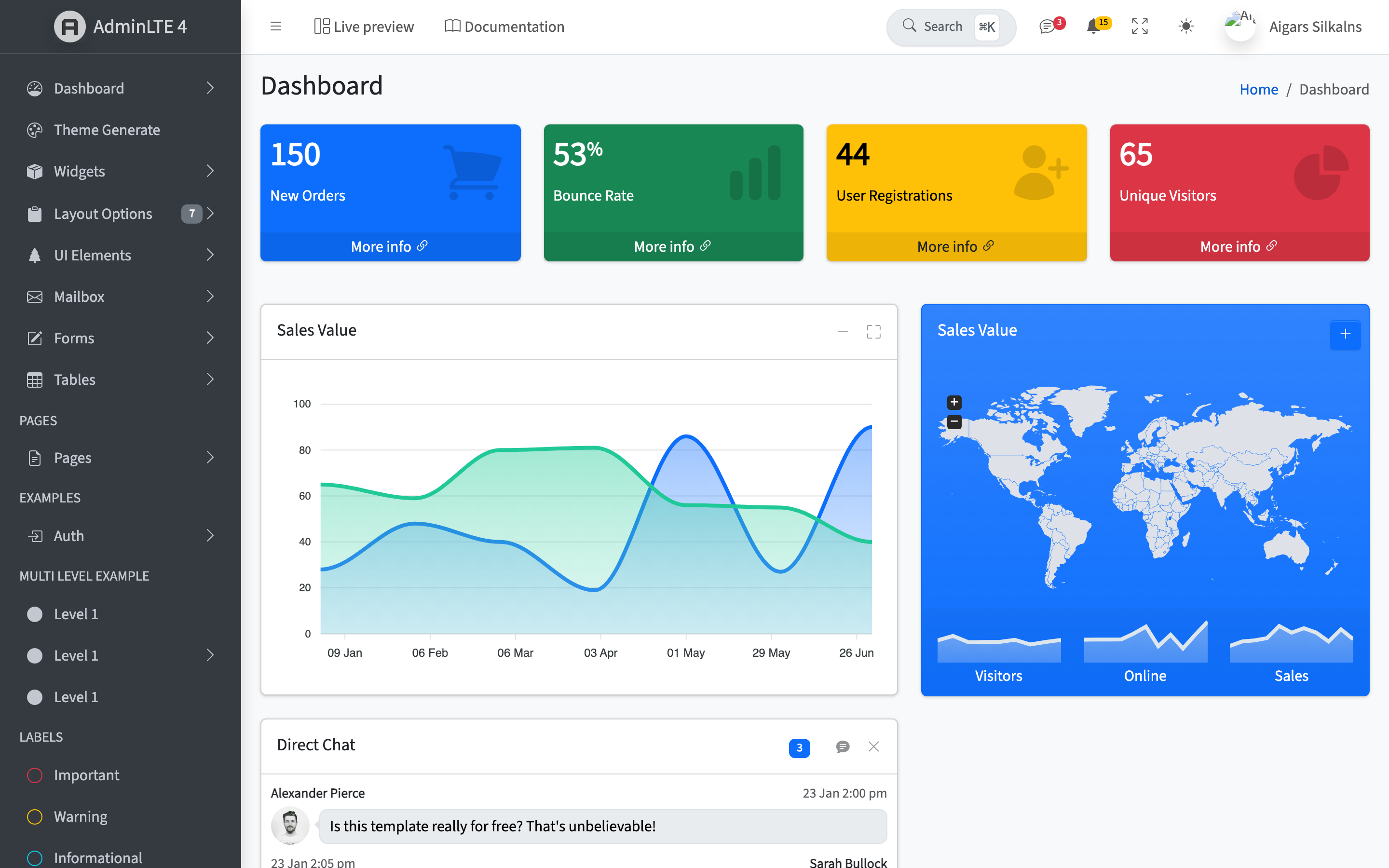 AdminLTE 4 for React — dashboard preview
