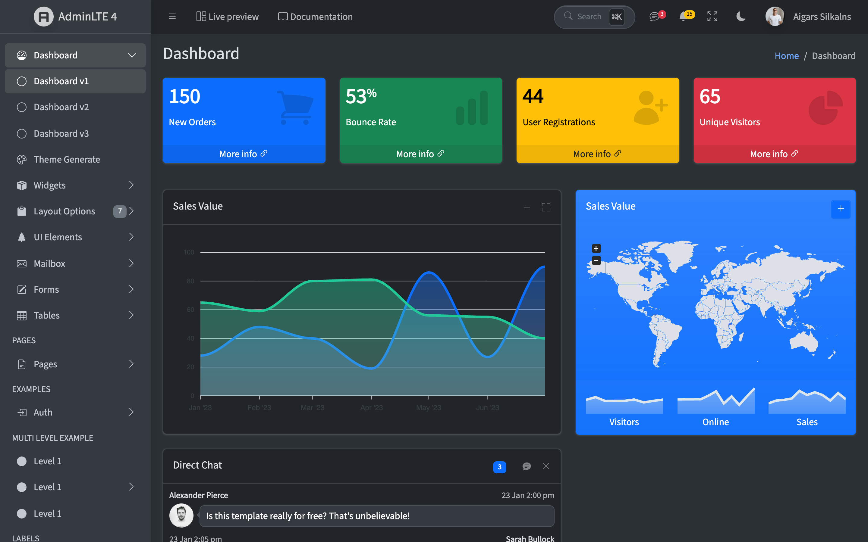 AdminLTE React dashboard — dark theme