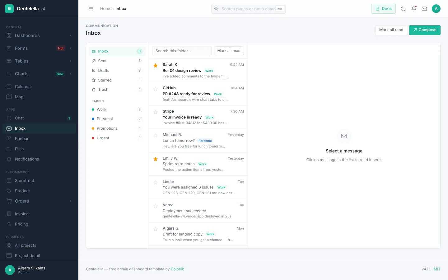 Inbox client with folders, reader pane, and compose modal