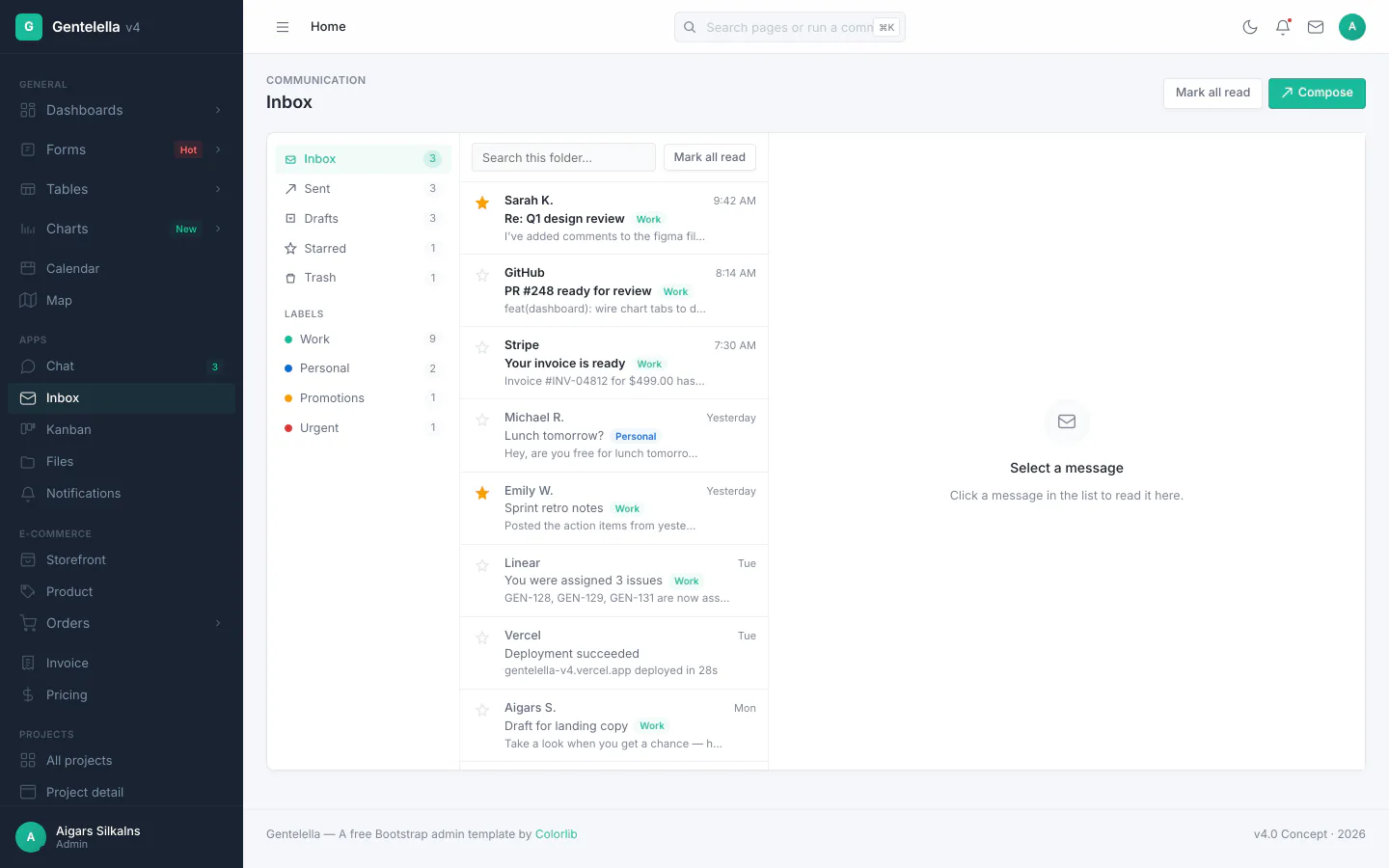 Inbox client with folders, reader pane, and compose modal