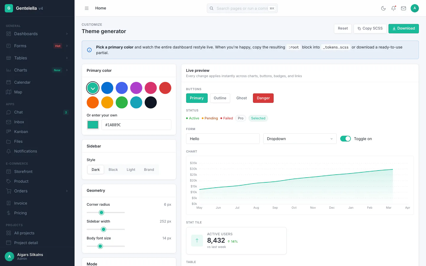 Live theme generator with real-time color customization