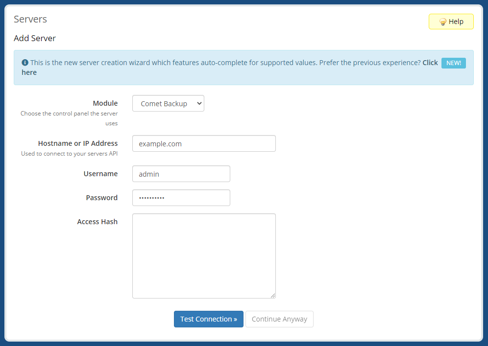 Add a Server - Module, Hostname, and Access Credentials