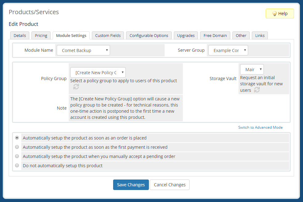 Create a New Product - Module Settings Tab