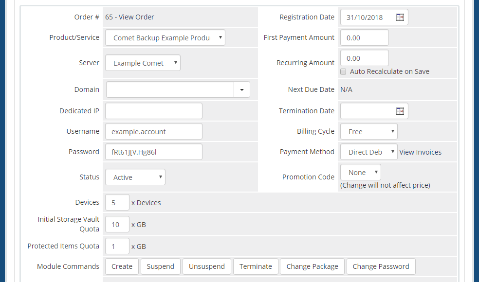 Viewing client service options from the admin area