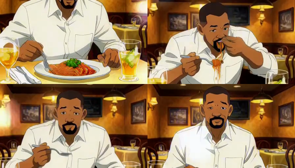 Anime-style Will Smith eating spaghetti; open clip