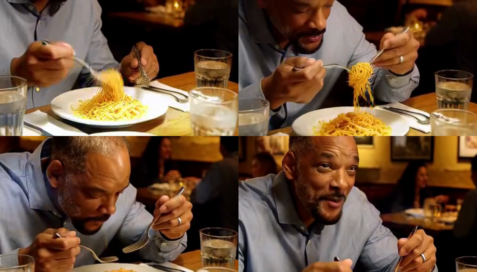 Photorealistic Will Smith eating spaghetti; open clip