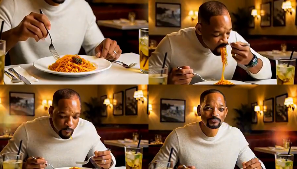 Stylized 3D Will Smith eating spaghetti; open clip