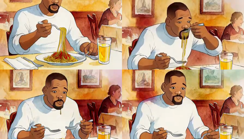 Watercolor Will Smith eating spaghetti; open clip