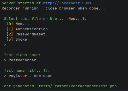 Laravel Pest Recorder CLI output / questions