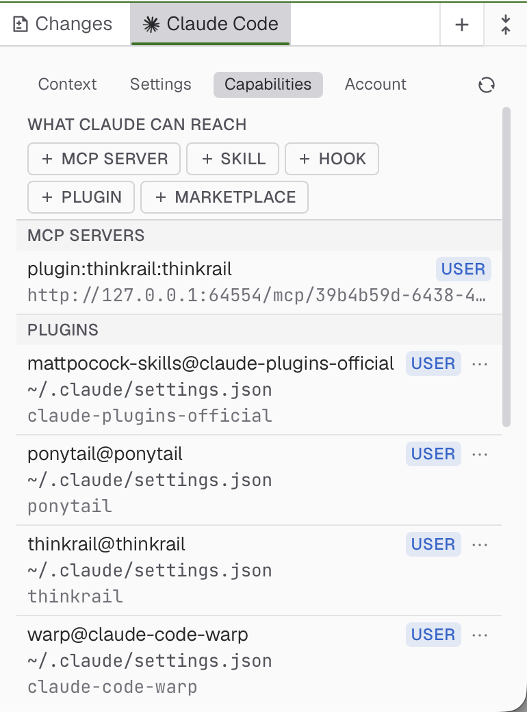 Claude Code capabilities tab and MCP bridge