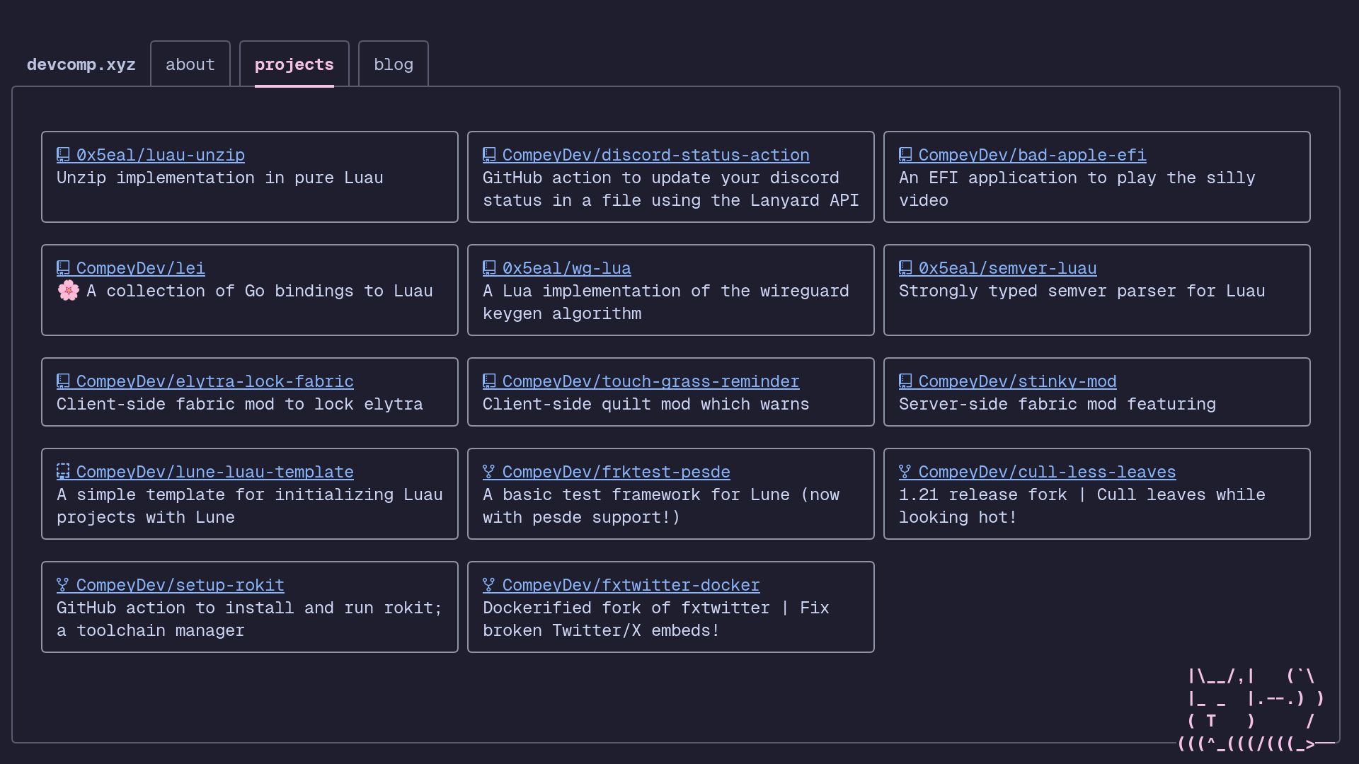 portfolio tui with the projects tab selected, the projects are laid out as cards in a grid