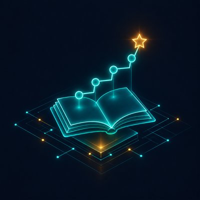 An open notebook with a glowing path of lesson nodes rising toward an amber star