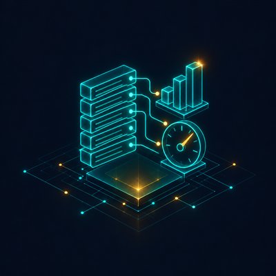 A glowing stack of ledger rows feeding a bar chart and a meter dial