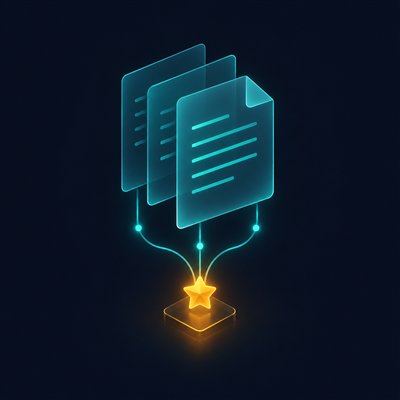 Translucent document pages linked by glowing lines to an amber star