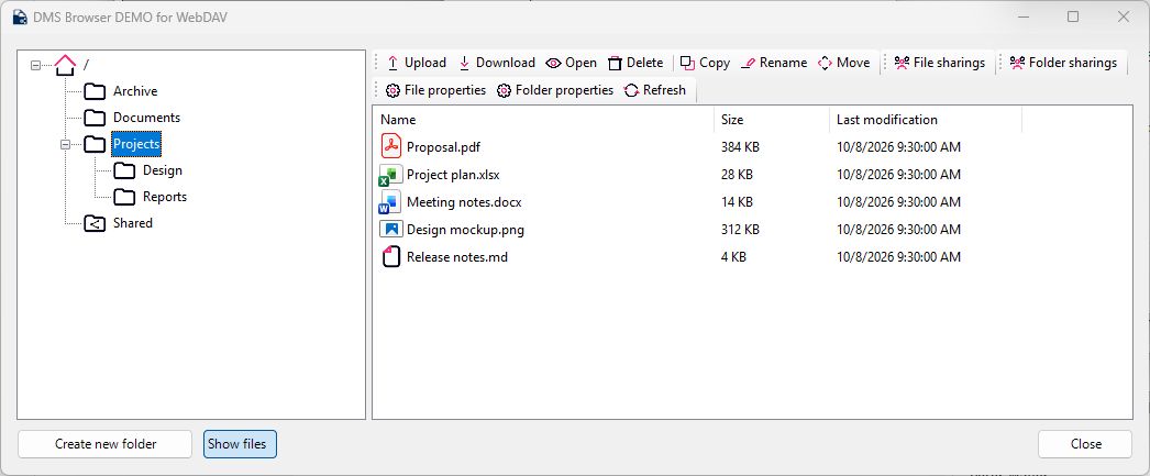 DMS browser displaying example folders and files
