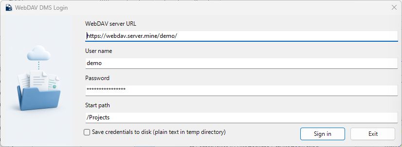WebDAV login form with the shared DMS artwork