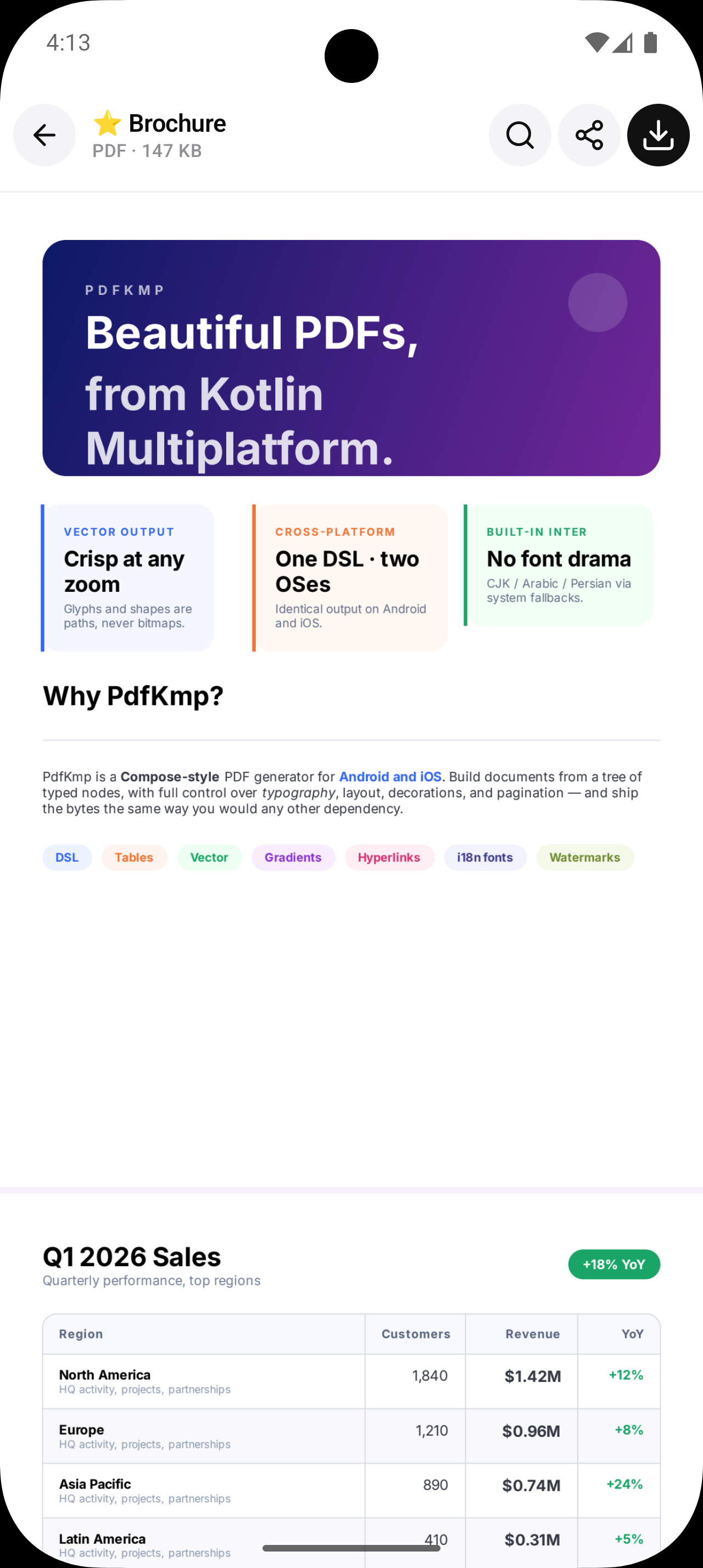 PdfKmp brochure rendered on Android