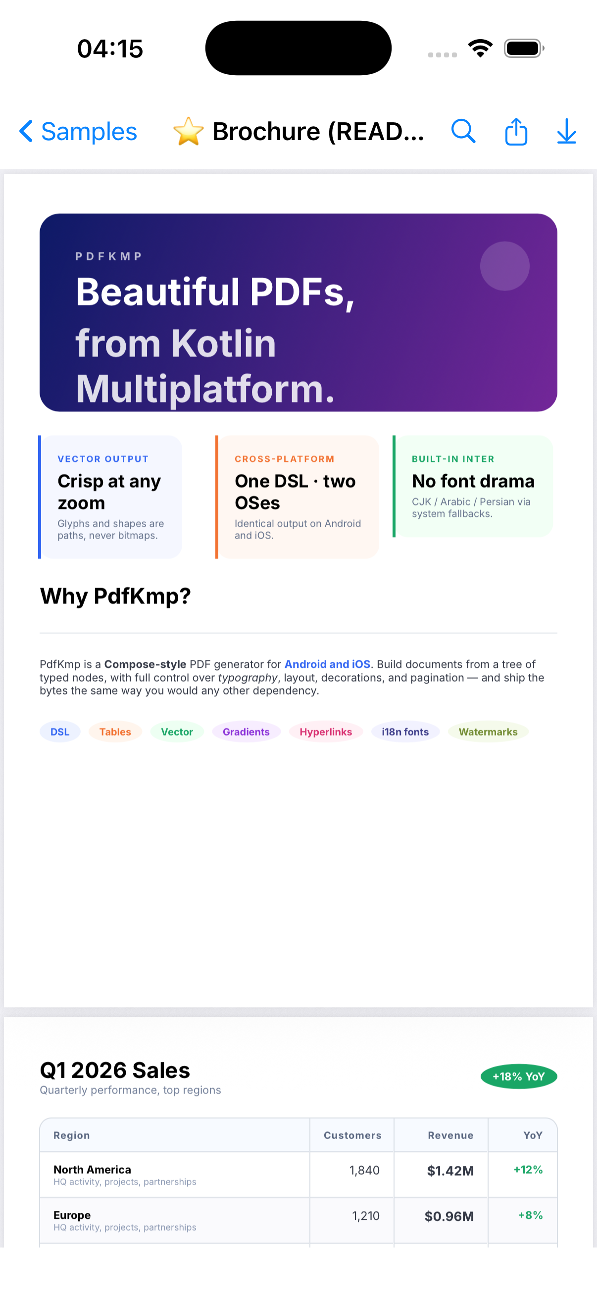 PdfKmp brochure rendered on iOS