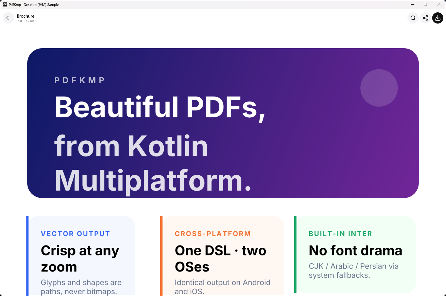 PdfKmp brochure rendered on Desktop (macOS / Windows / Linux)