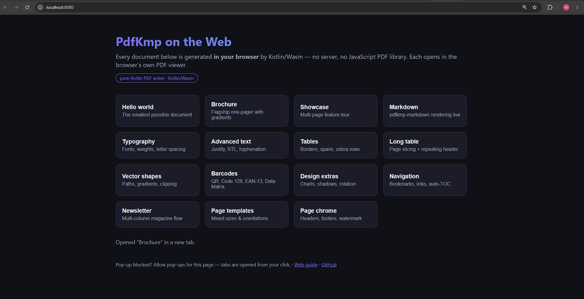 The PdfKmp web sample running in the browser — every PDF generated in-page by Kotlin/Wasm