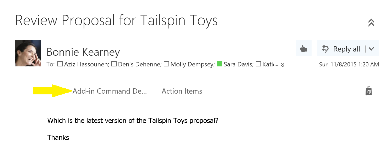 The add-in loaded in Outlook on the web's read mail form