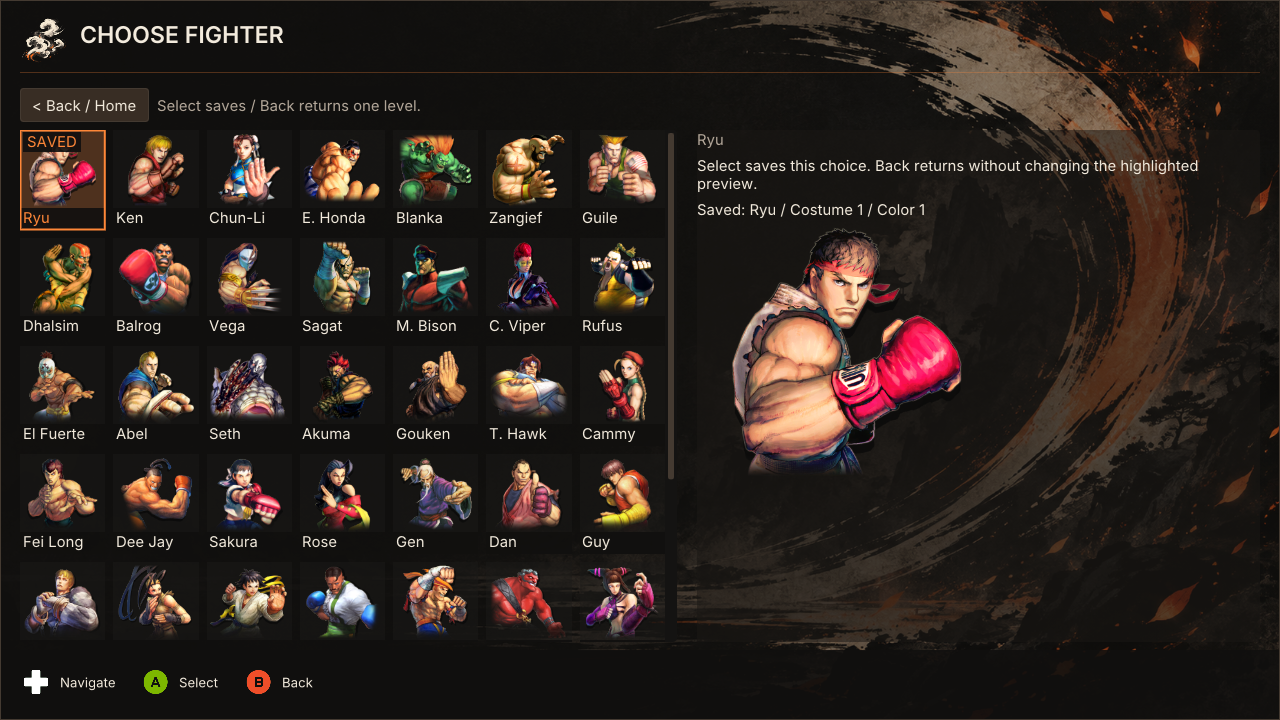 Ember fighter selection showing the character roster and selected fighter artwork