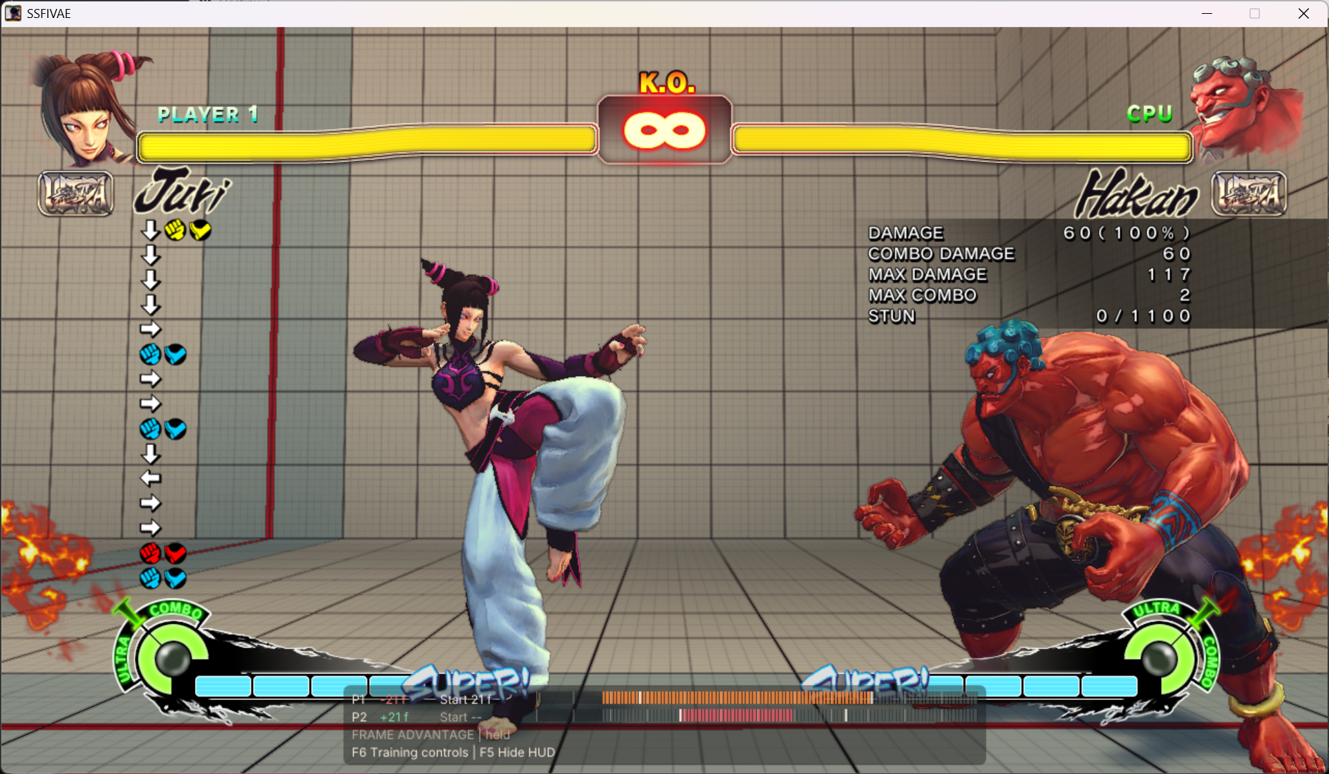 Ember frame meter showing player timelines and frame advantage during Juri versus Hakan training