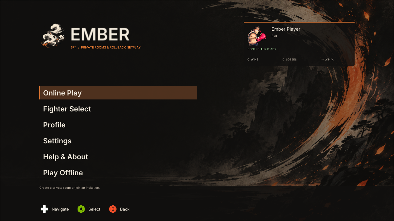 SF4 Ember Netplay home overlay with the Ember background and controller navigation