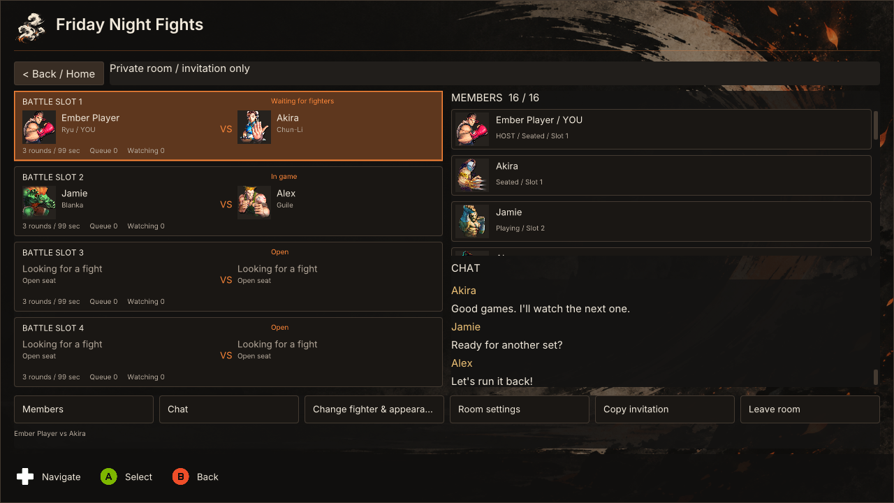 Ember room overlay showing battle tables, members, fighter portraits and room chat with sample session data