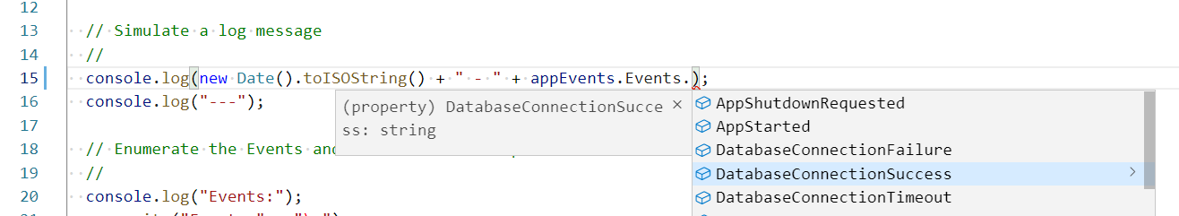 Screenshot of event-based logging showing code completion when choosing an event type during logging