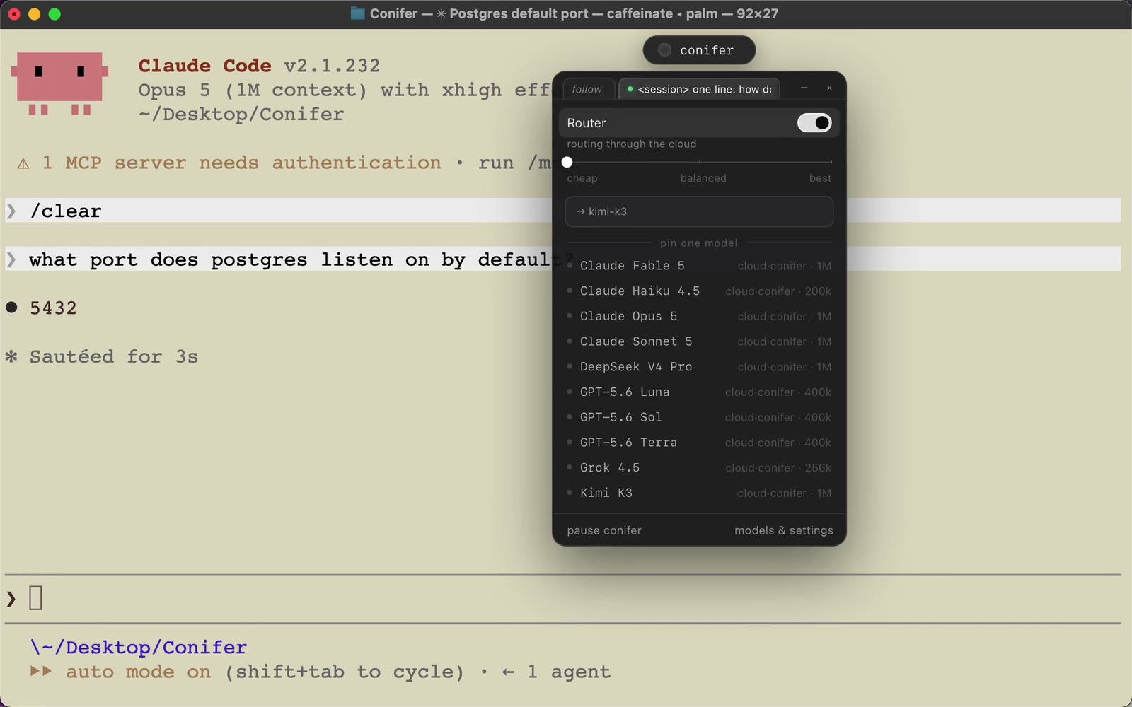 Claude Code running through Conifer's router. The router panel shows the turn routed to kimi-k3 with the cost dial on cheap; the answer, 5432, came back in 3 seconds. Click to watch the full recording on conifer.build.