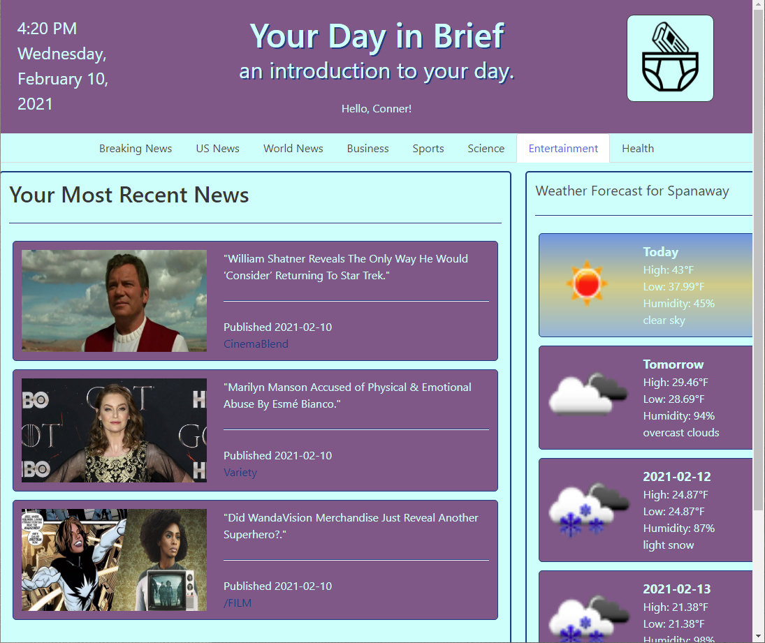 Application showing the news and weather for the day