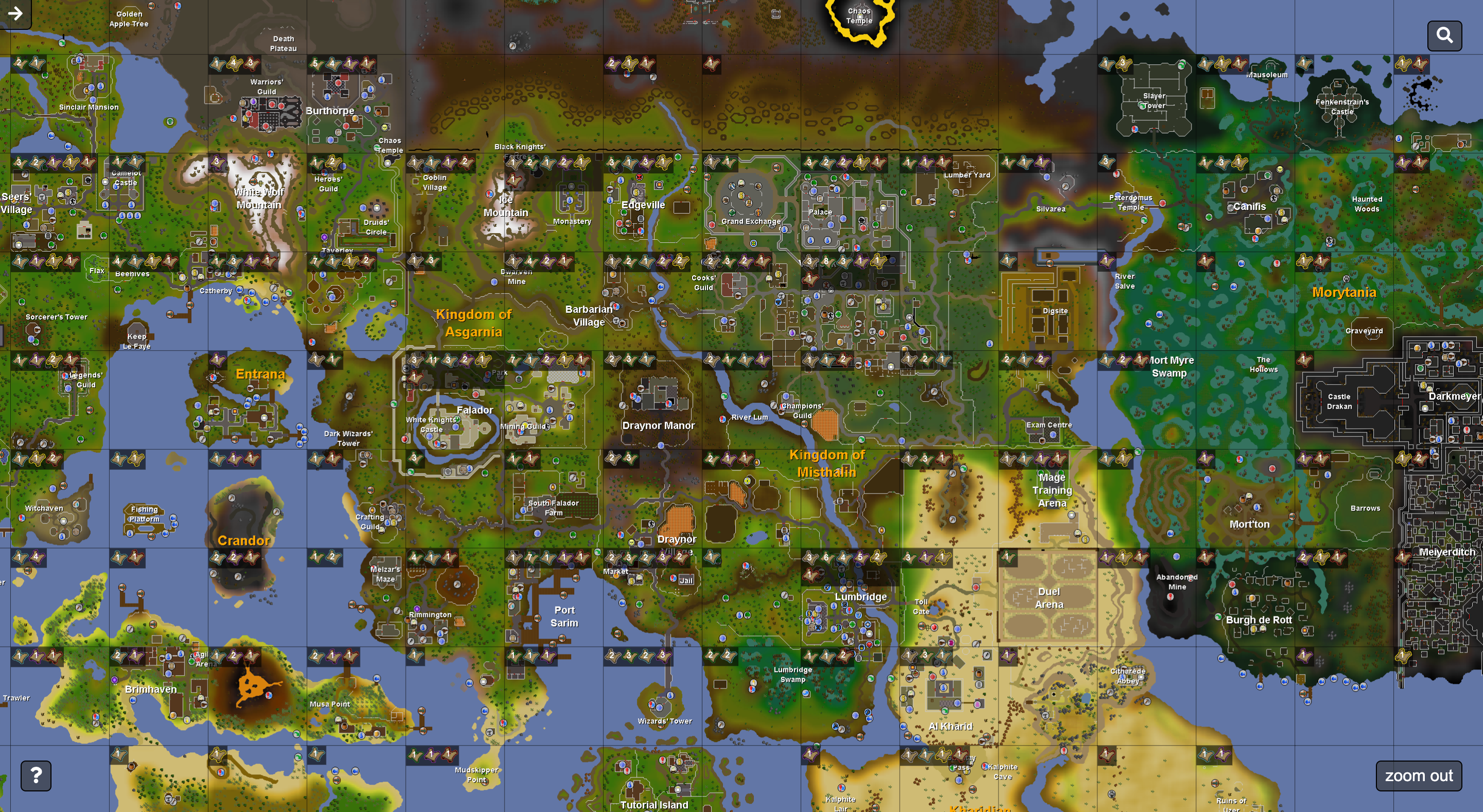 The map of Gielinor showing what clue steps are available in each chunk