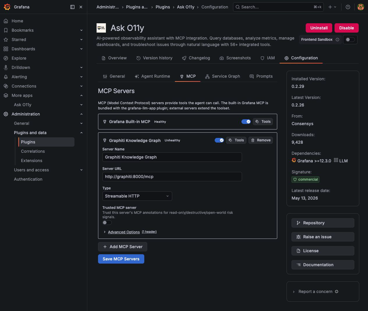 MCP settings and service graph controls