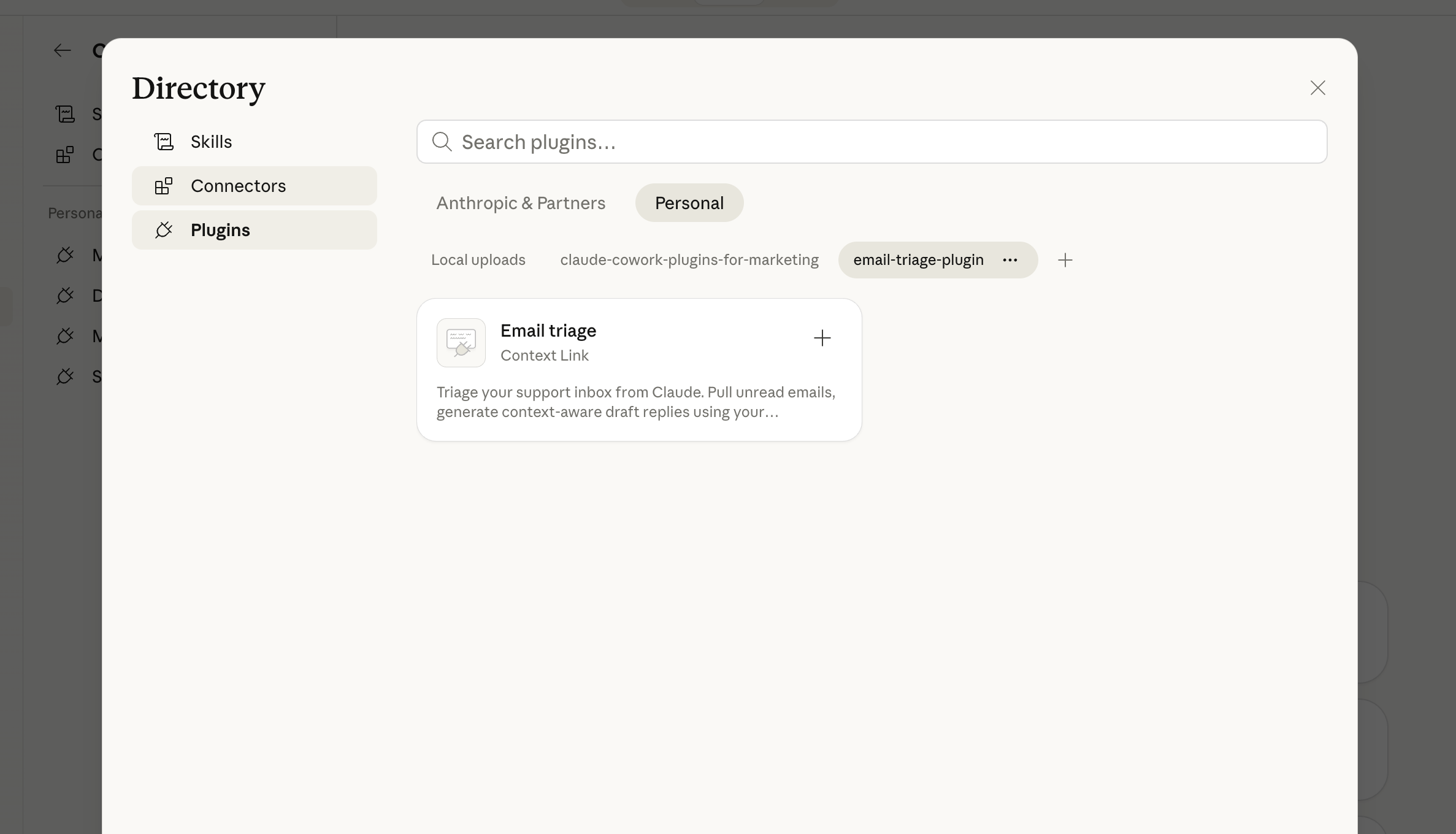 Adding the Email Triage plugin from the installed marketplace