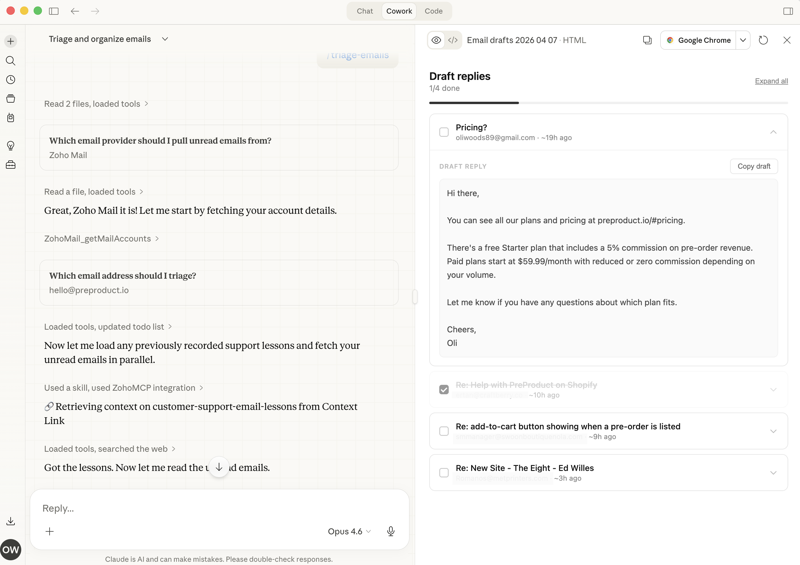 Email triage running in Claude Cowork