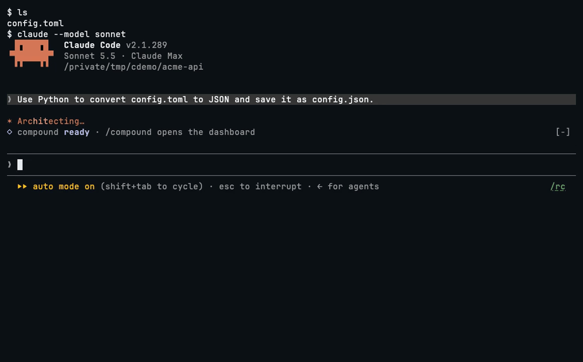 The band at a session's first prompt: compound is ready, and /compound opens the dashboard