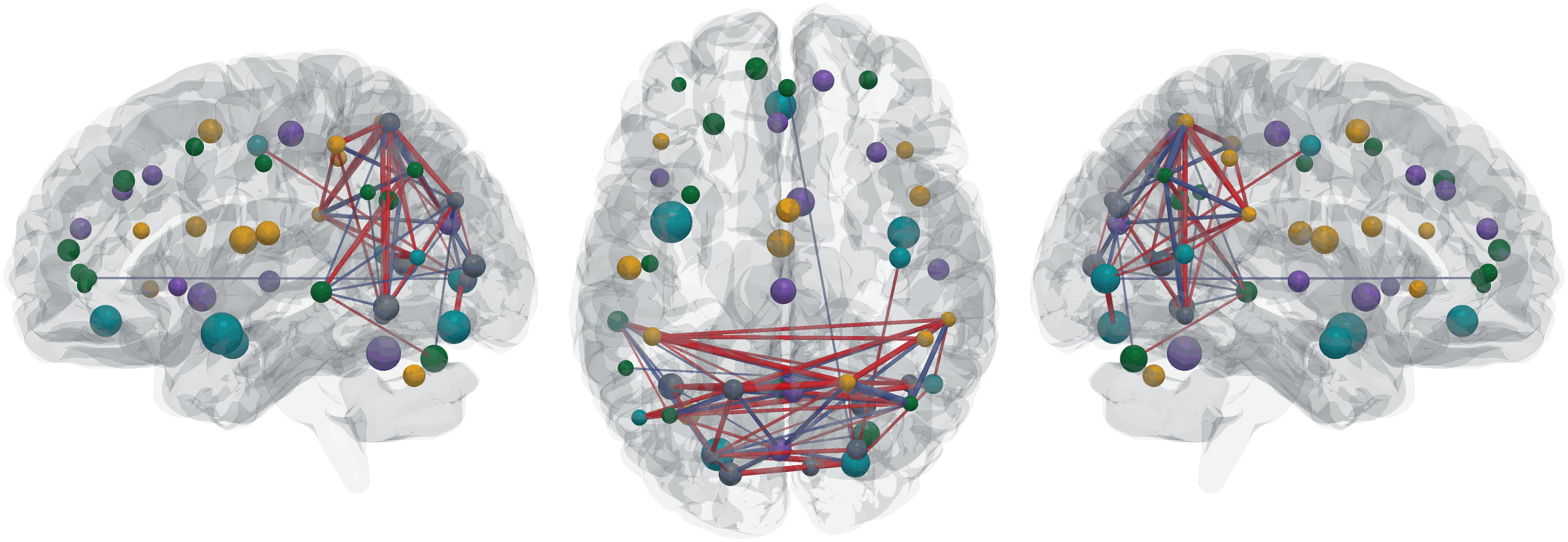 HTFA factor network: 50 template factors drawn as spheres inside a translucent brain, with the strongest inter-subject correlations as edges