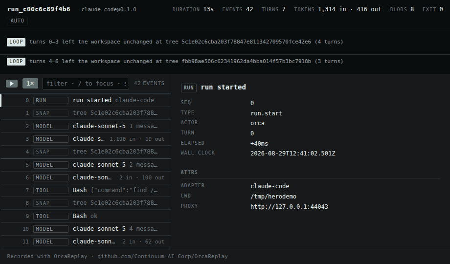The OrcaReplay timeline: filtering a 42-event run down to its tool loop