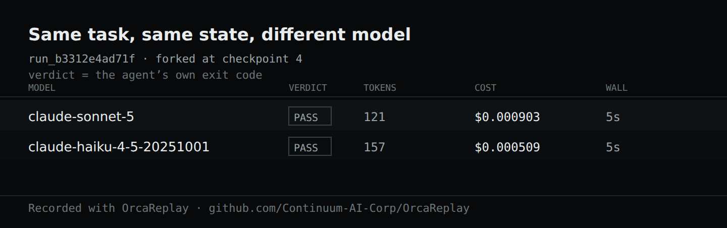 A comparison table: two models forked from the same checkpoint, both passing, with real token counts and costs