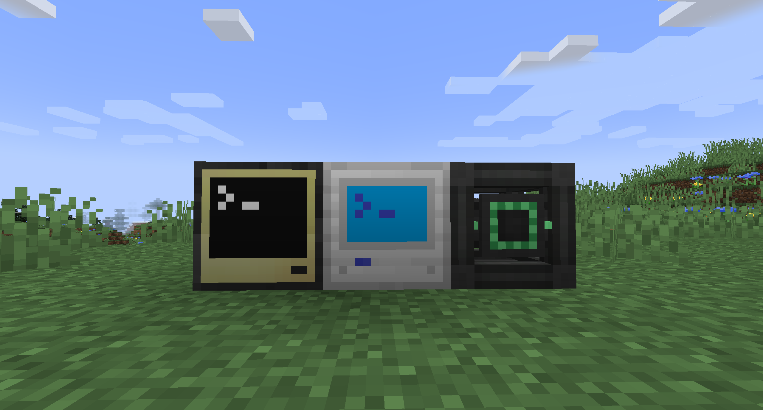 From left to right side by side: An active advanced computer from CC: Tweaked, an active digitizer, a creative energy cube from Mekanism