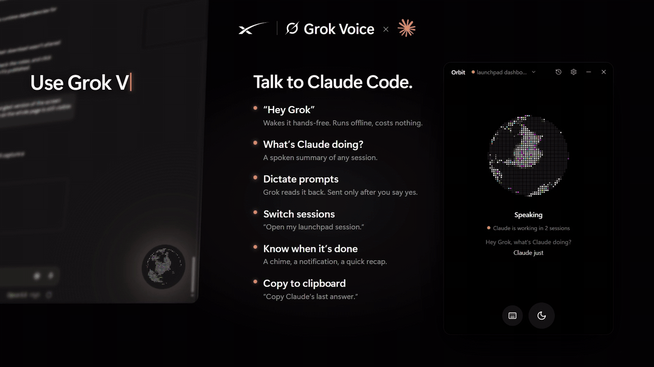 Orbit demo: the Grok Voice orb floating over Claude Code Desktop, answering "What's Claude doing?"