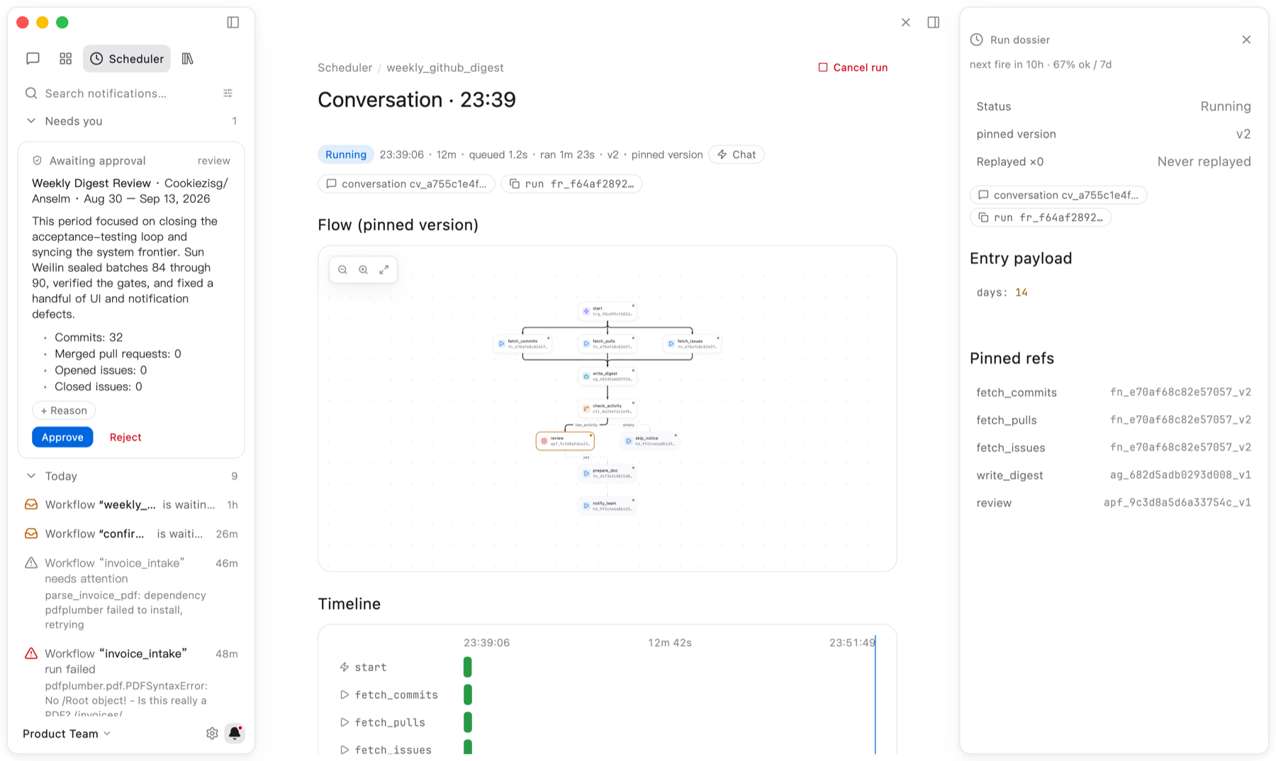 Notification ledger with an approval request next to a run dossier
