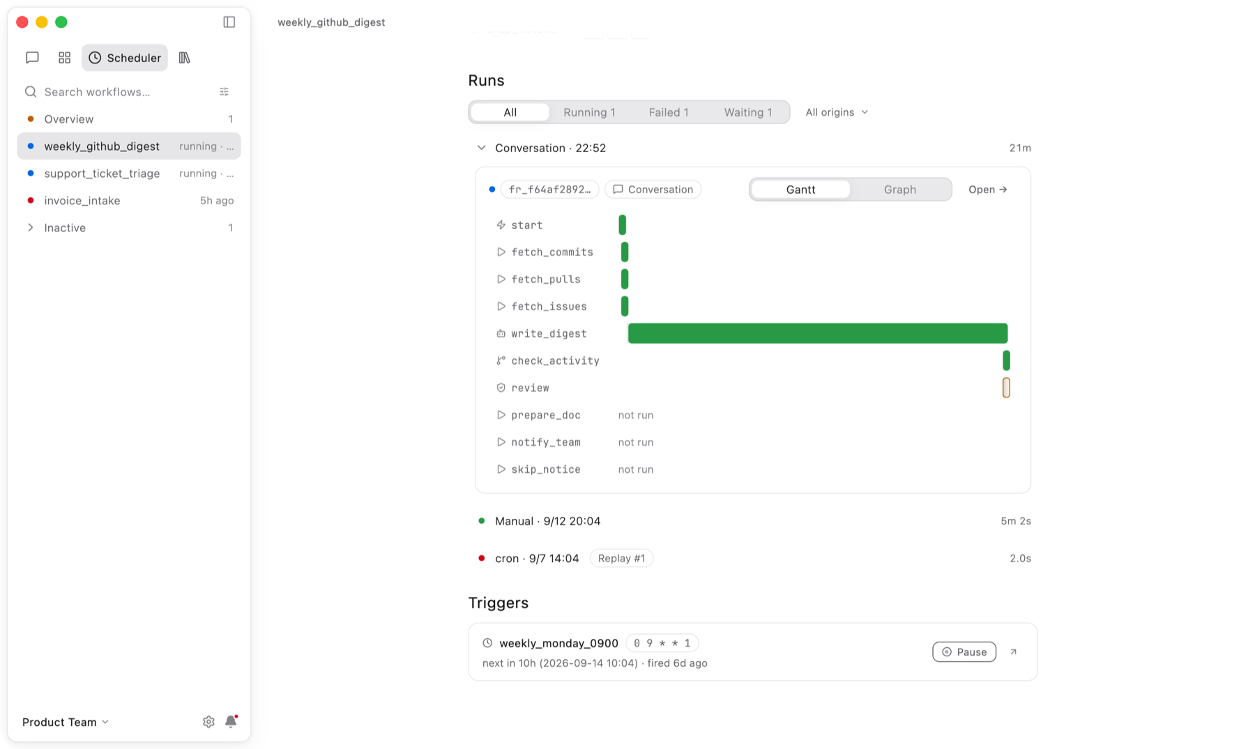 Scheduler run list with a run expanded into a Gantt