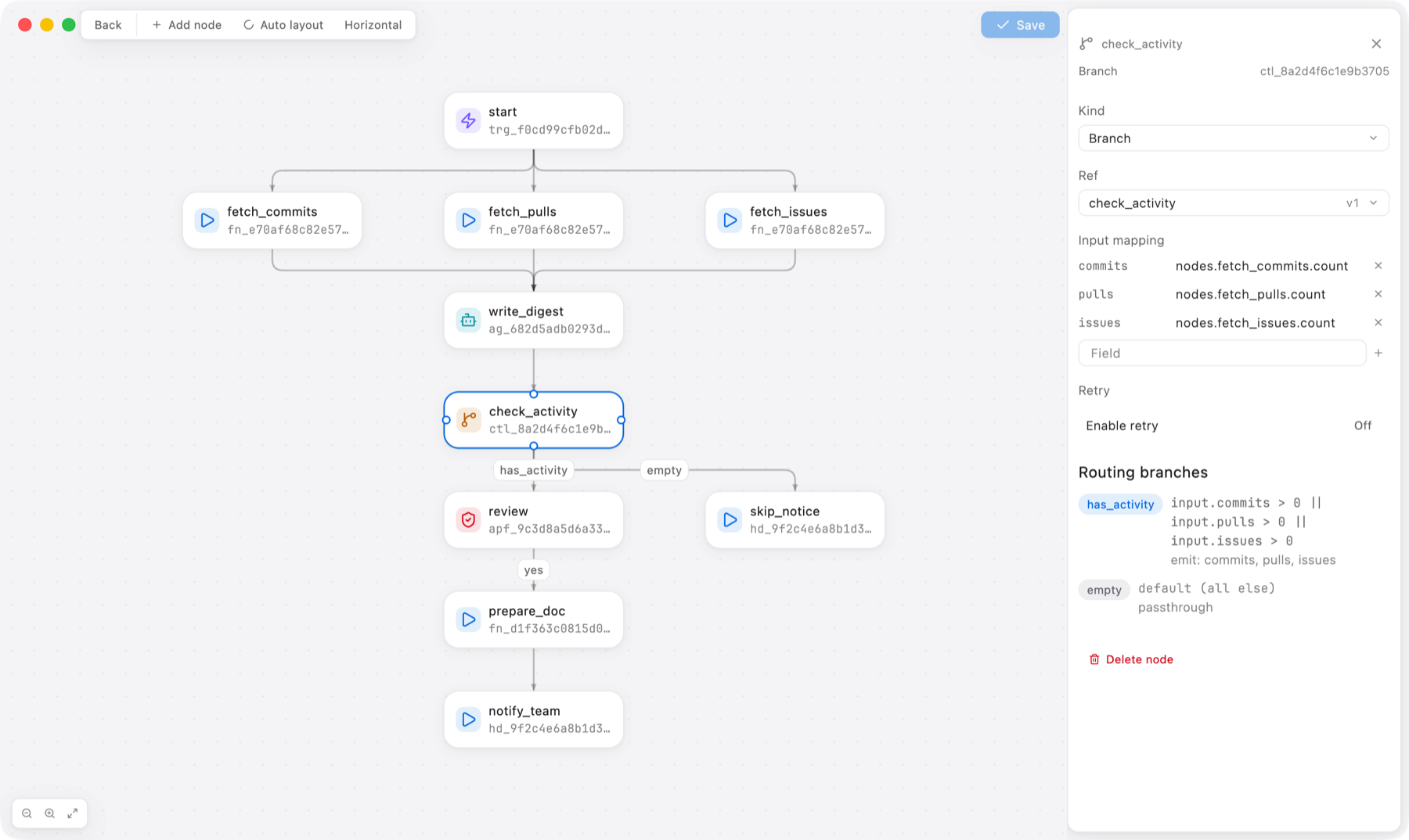 Workflow graph editor with a control node selected