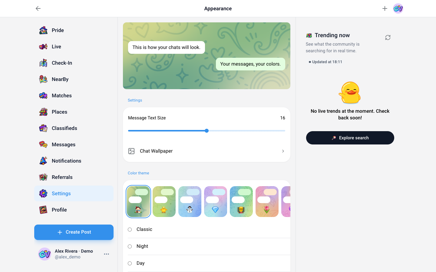 CoolVibes appearance settings showing theme options and a chat preview